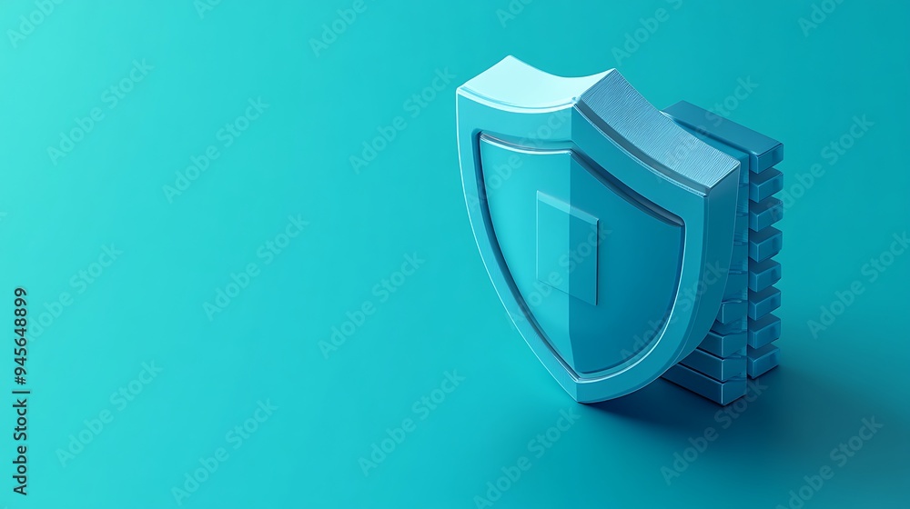 Poster 3d-rendered shield symbolizing digital security and data protection in a modern teal background. con
