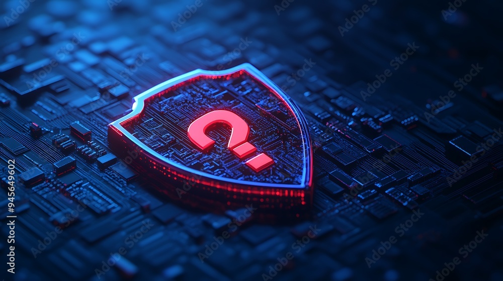 Poster A digital shield with a question mark symbol glowing red on a futuristic circuit board background, symbolizing cybersecurity and data protection.