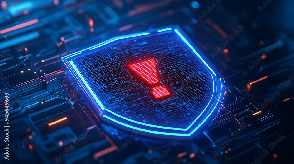Poster a digital shield with a red exclamation mark glowing on a dark circuit board background, symbolizing