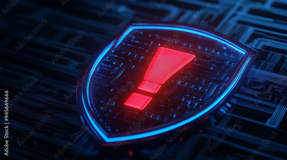 Poster a digital shield with a red exclamation mark highlighting cybersecurity alert or system warning agai