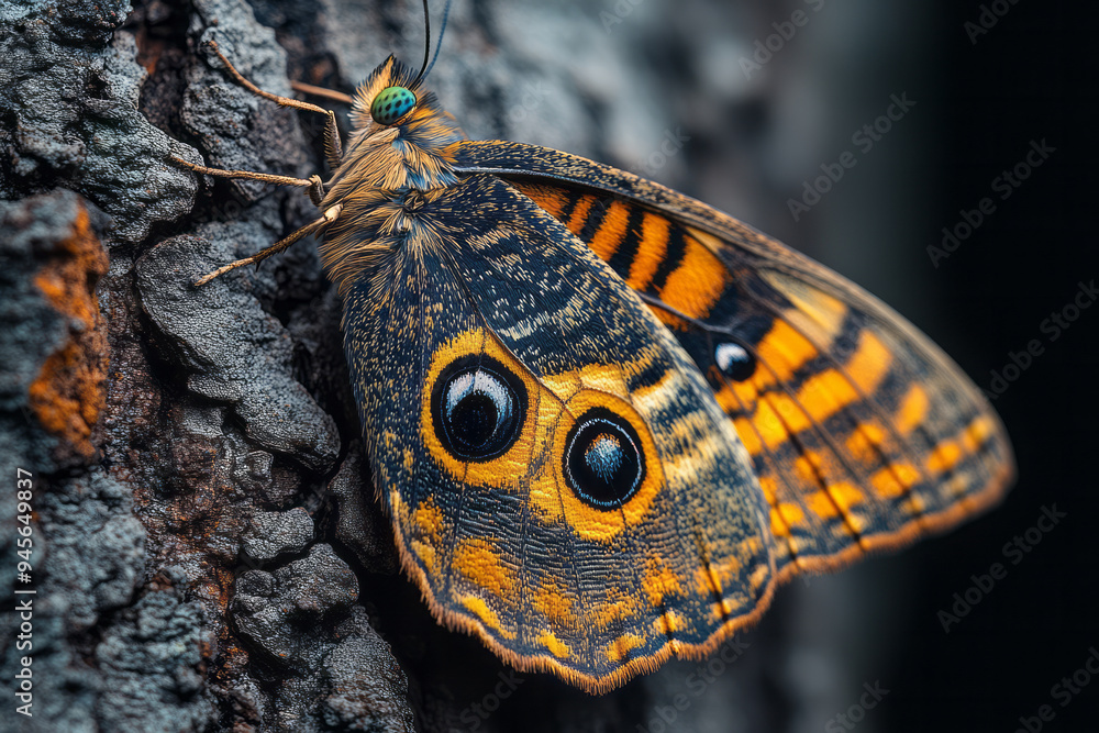 Poster moth resting on a tree trunk with its wings blending into the bark,