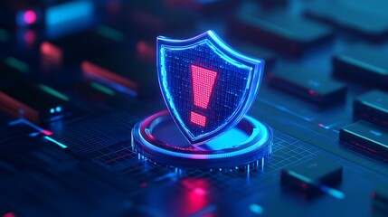 A digital shield with an exclamation mark symbolizing cybersecurity threats on a futuristic neon-lit circuit board.