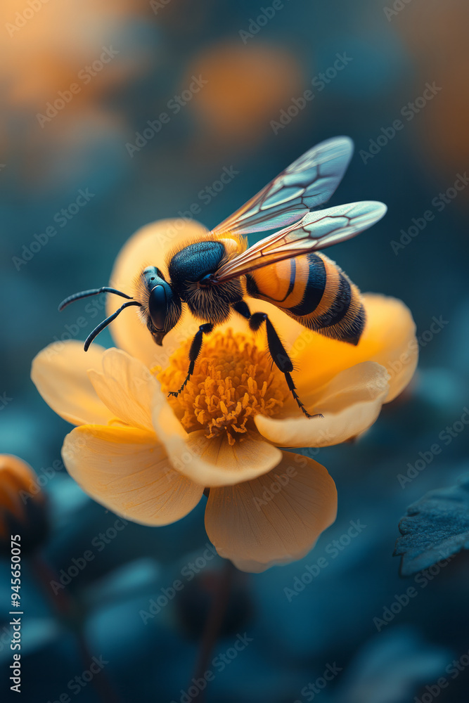 Poster wasp hovering near a garden flower with soft light filtering through,