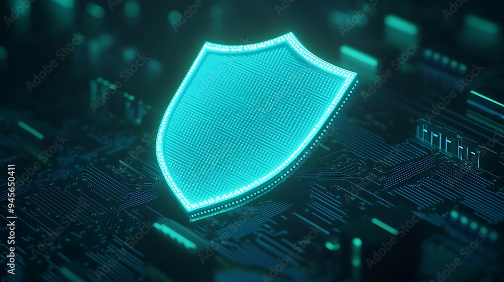 Aufkleber a glowing shield icon representing cyber security on a dark digital circuit board background with ne