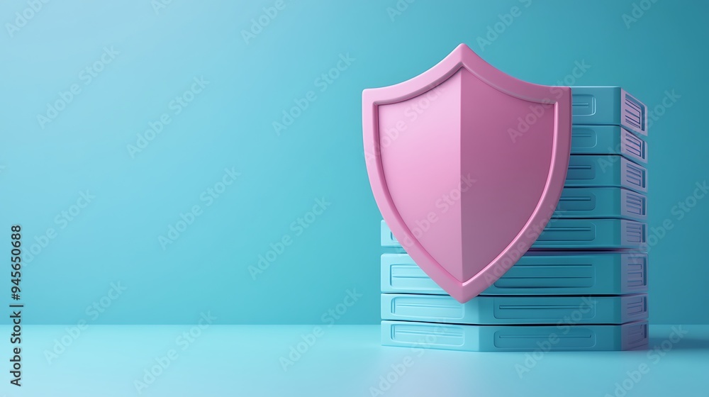 Poster a pink shield in front of a stack of blue servers represents data protection and cybersecurity on a 