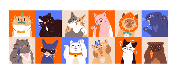 Avatars of cute cats with different emotions set. Square shape user profiles with funny kittens with sad, happy, angry, crying faces. Comic kitties, pets emoji. Flat isolated vector illustrations © Paper Trident