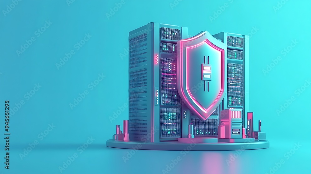 Poster abstract digital illustration of a secure data server with a shield icon, symbolizing cybersecurity 