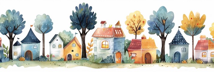 A charming fairytale city scene featuring lovely old houses with whimsical architecture, each adorned with colorful flowers and decorative elements. The backdrop is painted in soft watercolor hues, cr