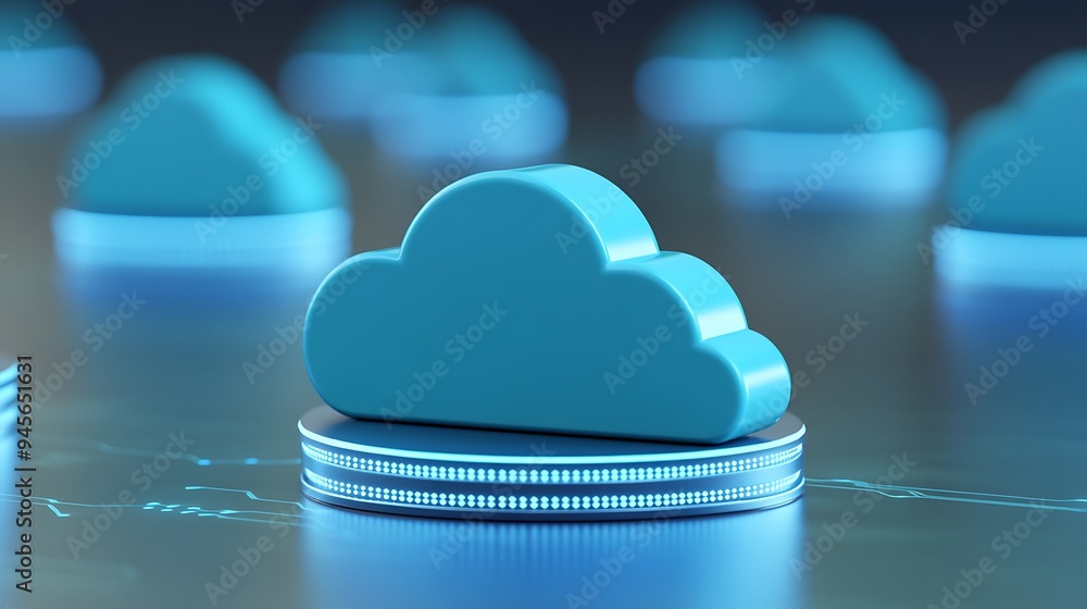 Poster Blue cloud icon on stacked coins representing cloud computing and data storage solutions in a digital environment.