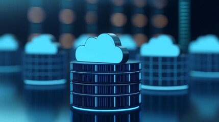 Blue cloud computing server technology concept with glowing cloud icons on data storage servers for online data management.
