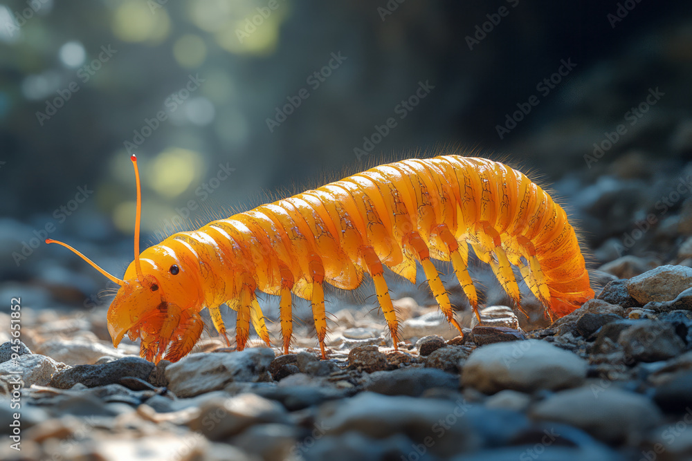 Poster centipede moving quickly across a rocky path with shadows creating contrast,