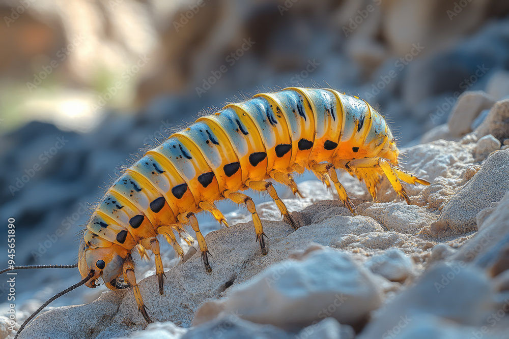 Poster centipede moving quickly across a rocky path with shadows creating contrast,