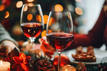 Friends enjoying a Christmas dinner together Red wine glasses at the decorated dinner table