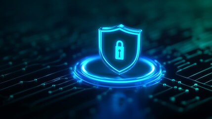 Bright blue shield with lock symbol representing cybersecurity and data protection on a digital circuit board background.