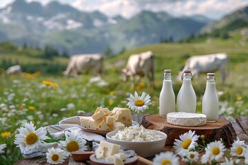 Obraz premium Selection of dairy products including bottles of milk, creamy cottage cheese, and smooth yogurt.