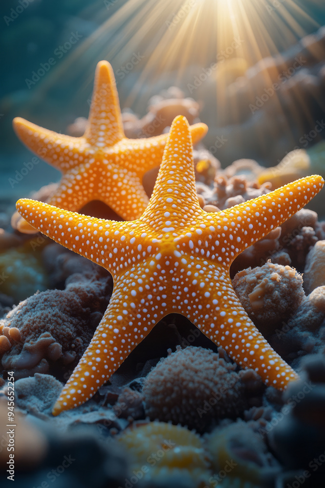 Poster starfish resting on a coral bed in shallow waters with sunlight creating patterns,