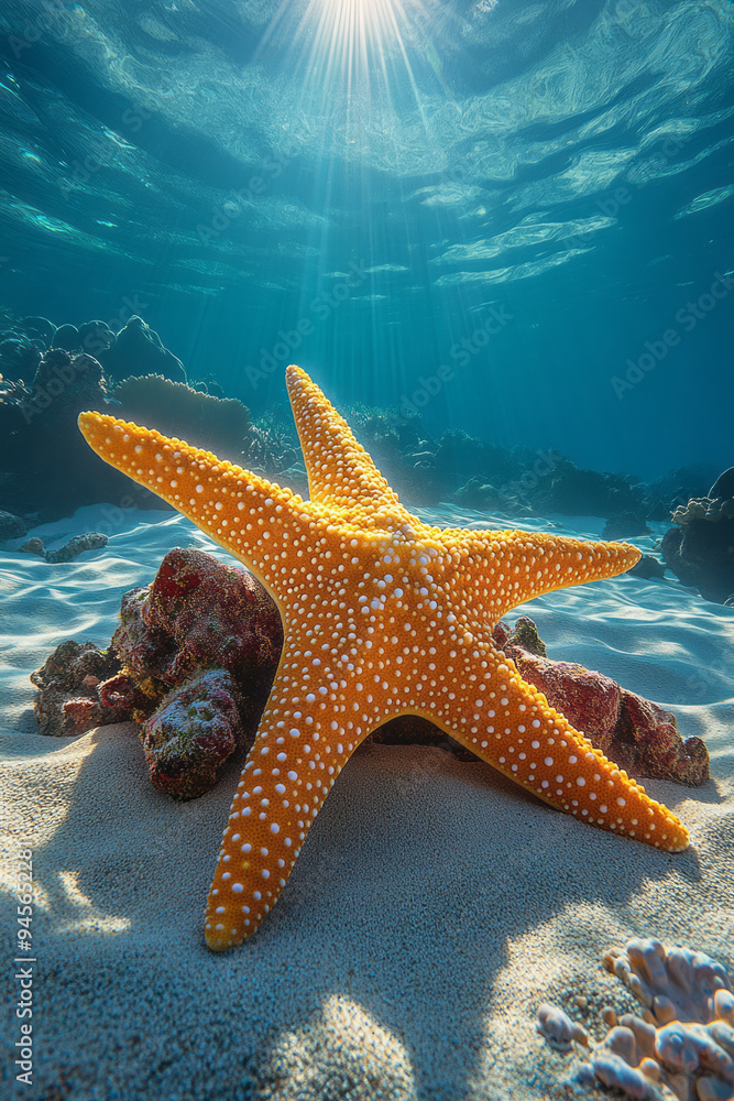 Poster starfish resting on a coral bed in shallow waters with sunlight creating patterns,
