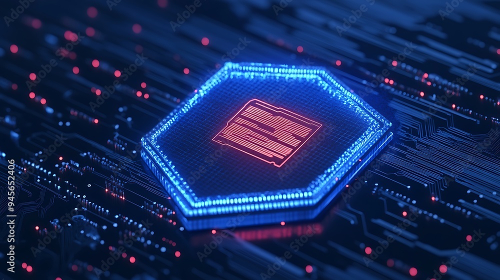 Poster close-up of a futuristic blue microchip on a circuit board with red accents indicating advanced tech