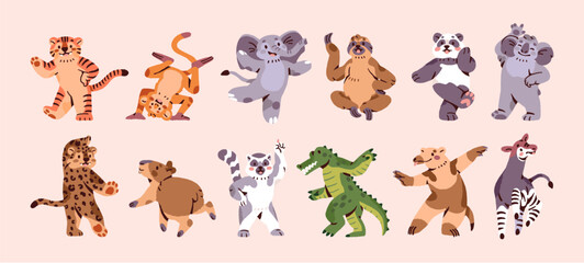 Funny animals dance set. Different anthropomorphic characters, monkey, panda have fun. Happy tiger, lemur, crocodile move with music. Cute elephant, capybara rejoice. Flat isolated vector illustration