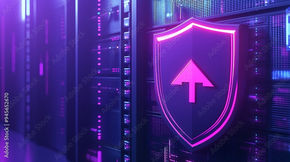 Poster close-up of a shield icon symbolizing data security and protection in a server room, highlighted by 
