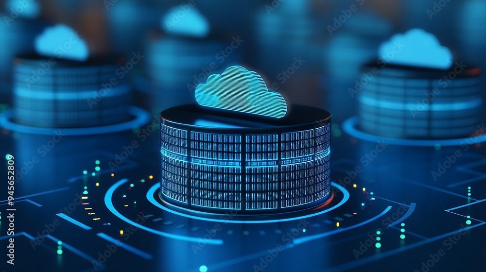 Poster cloud computing and data storage concept with glowing server racks and cloud icons, representing vir