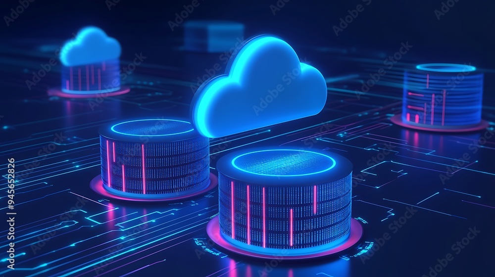 Poster cloud computing and data storage concept with digital interface, showcasing futuristic technology fo