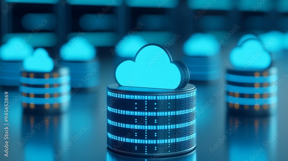 Poster cloud computing and data storage concept with network server and digital technology visualization in