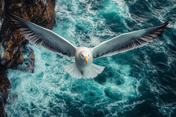 Albatross soaring over the ocean with waves crashing against cliffs below,