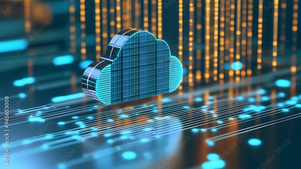 Poster cloud computing concept with digital cloud symbol and data streams, representing online data storage
