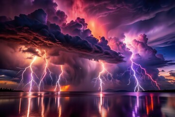 A breathtaking view of a thunderstorm featuring multiple lightning bolts lighting up the cloudy sky and reflecting on the calm water below showcasing the beauty and power of nature together.