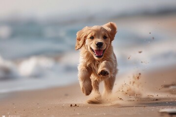 Dog sprinting happily along the shoreline, paws splashing in the surf, with a bright blue sky above...