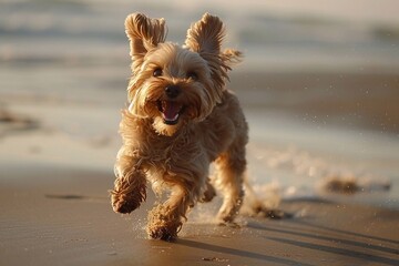 Dog sprinting happily along the shoreline, paws splashing in the surf, with a bright blue sky above...