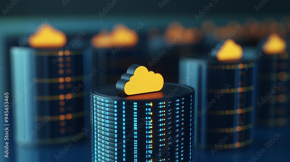 Poster cloud storage and data center concept with servers and cloud icons, representing digital data manage