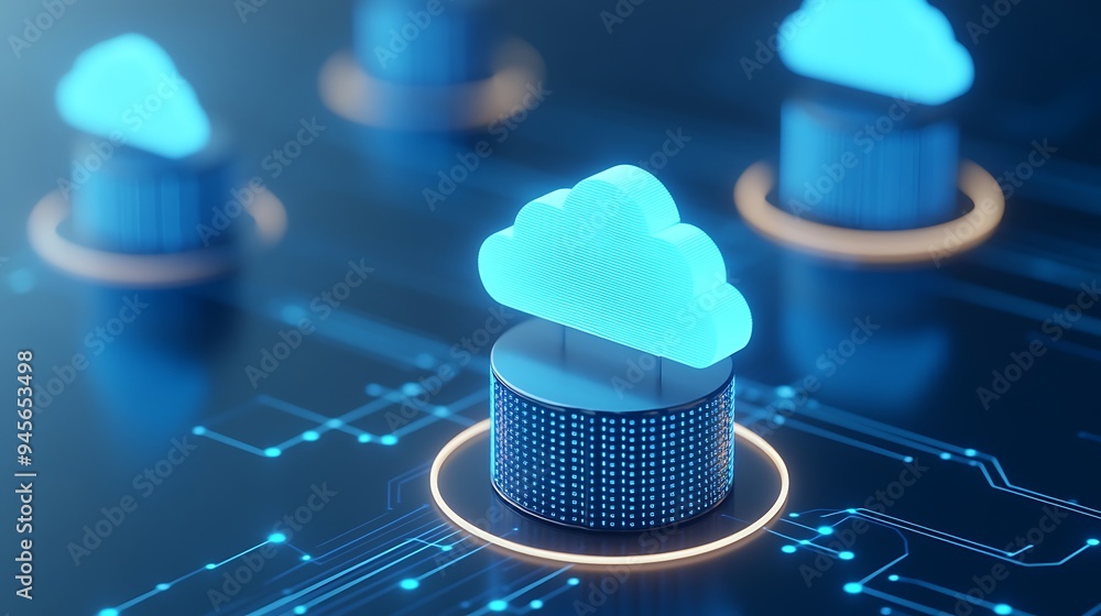 Poster cloud technology concept representing data storage and networking with glowing blue cloud symbols on