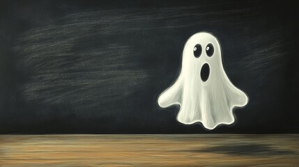 Hand-drawn ghost on a simulated chalkboard, with playful expressions and floating trails, Halloween whimsical