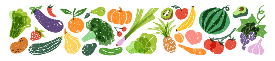 Set of abstract fruit and vegetables. Organic food in doodle style. Different farm products, autumn crop, harvest: pumpkin, apple. Flat isolated hand drawn vector illustrations on white background