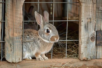 Rabbit hutch Beautiful rabbit at the door of its hutch