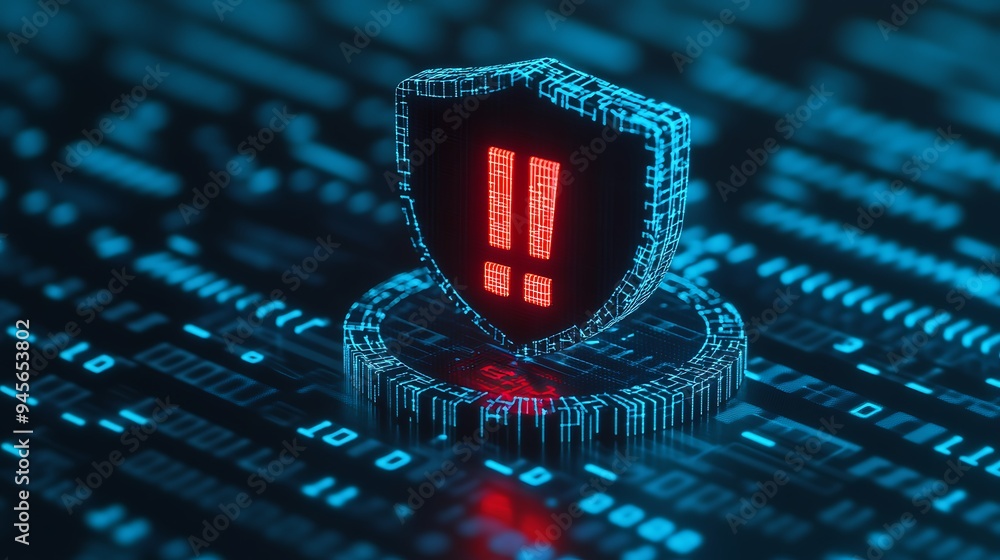 Poster cybersecurity alert concept with a digital shield and exclamation mark, representing a security thre