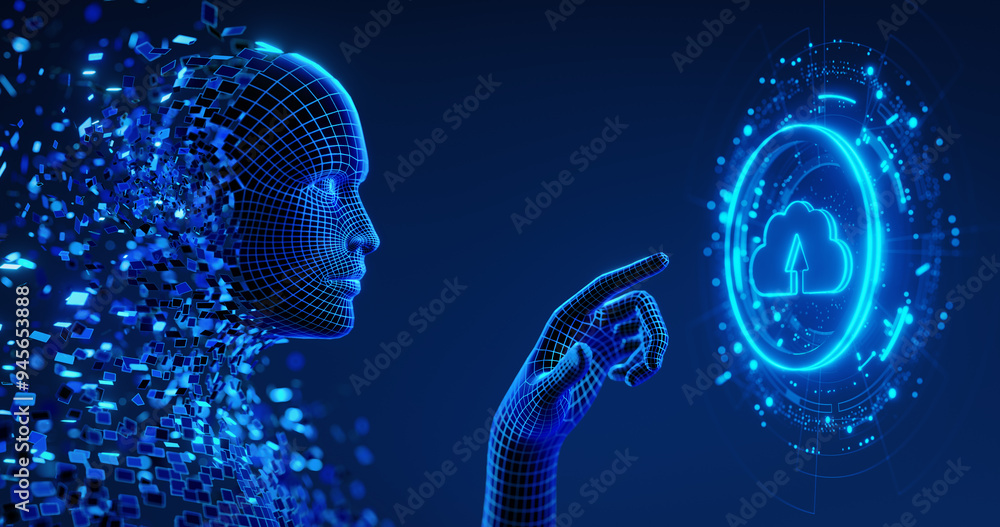 Poster human digital avatar as a symbol of ai presses a virtual button on screen cloud computing icon. tech