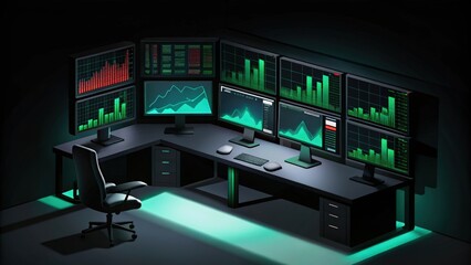 Fototapeta premium A Modern Workstation with Multiple Monitors Displaying Data and Graphs
