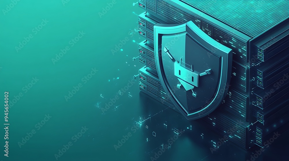 Poster cybersecurity concept featuring a shield and servers, symbolizing data protection and digital safety