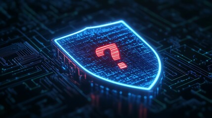 Cybersecurity concept image depicting a glowing blue shield with a red question mark on a digital circuit background representing data protection.
