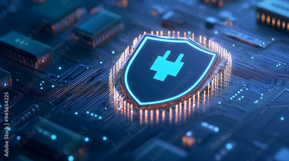 Poster cybersecurity concept with a glowing shield icon on a digital circuit board, emphasizing data protec