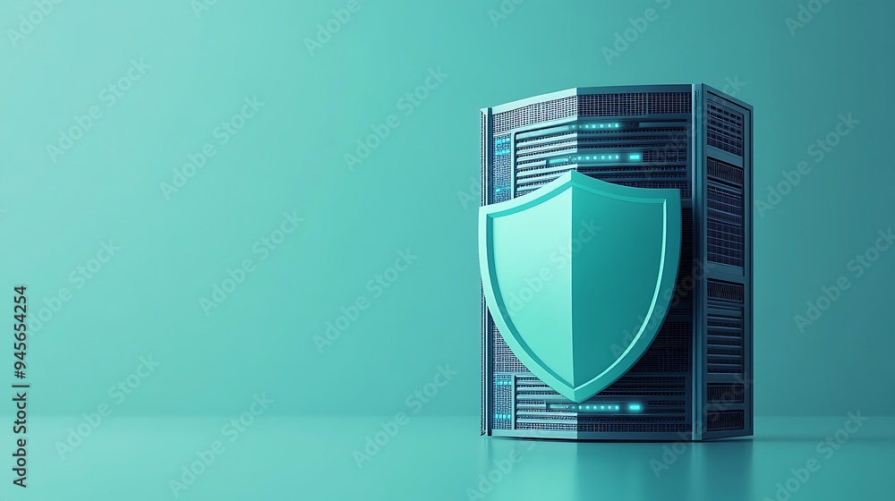 Poster cybersecurity concept with a server rack protected by a digital shield, symbolizing data protection 