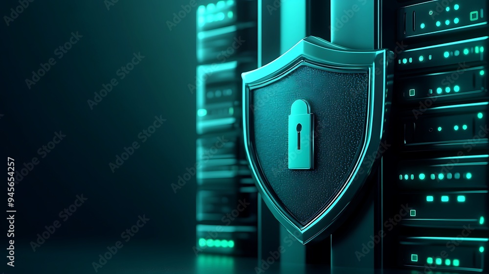 Poster cybersecurity concept with a shield icon and servers in the background, representing data protection