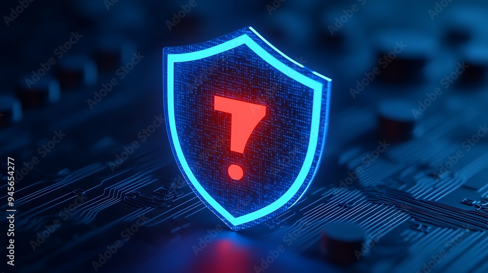 Poster cybersecurity concept with glowing shield and question mark symbolizing online security risks and vu
