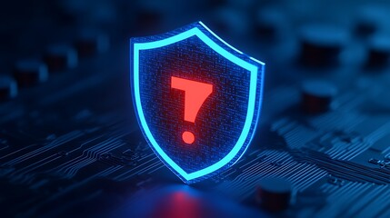 Cybersecurity concept with glowing shield and question mark symbolizing online security risks and vulnerabilities on a dark digital background.