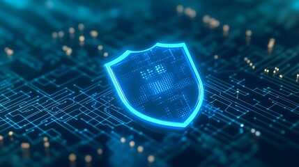 Cybersecurity concept with glowing shield icon on digital circuit board, symbolizing protection, safety, and tech security solutions.