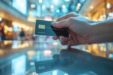 A close-up of a hand holding a credit card in a shopping mall, reflecting the ease and convenience of digital payments. Perfect for illustrating online shopping, e-commerce, or finance themes.