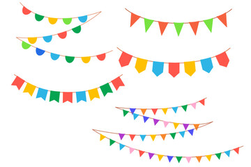Hanging carnival garlands set. Party colorful flags. Vector flat illustrations on white background